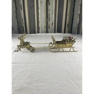 Vintage Lefton Christmas 12” Brass Reindeer Pulling Santa Sleigh~Taiwan